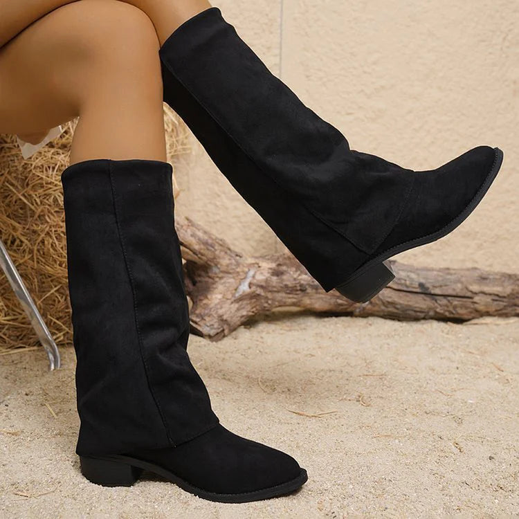 Women's Fold-Over Vegan Suede Knee-High Boots | Wide Shaft Low Block Heel | Dark Brown Black | Avery