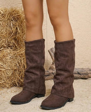 Women's Fold-Over Vegan Suede Knee-High Boots | Wide Shaft Low Block Heel | Dark Brown Black | Avery