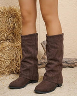 Women's Fold-Over Vegan Suede Knee-High Boots | Wide Shaft Low Block Heel | Dark Brown Black | Avery