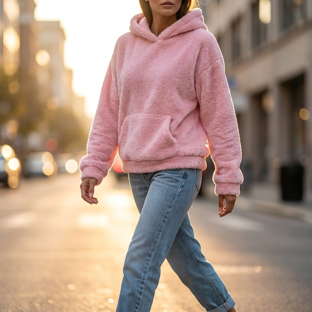 Women's Fuzzy Fleece Hoodie | V-Notch Neckline Dropped Shoulders Relaxed Fit Winter Sweatshirt