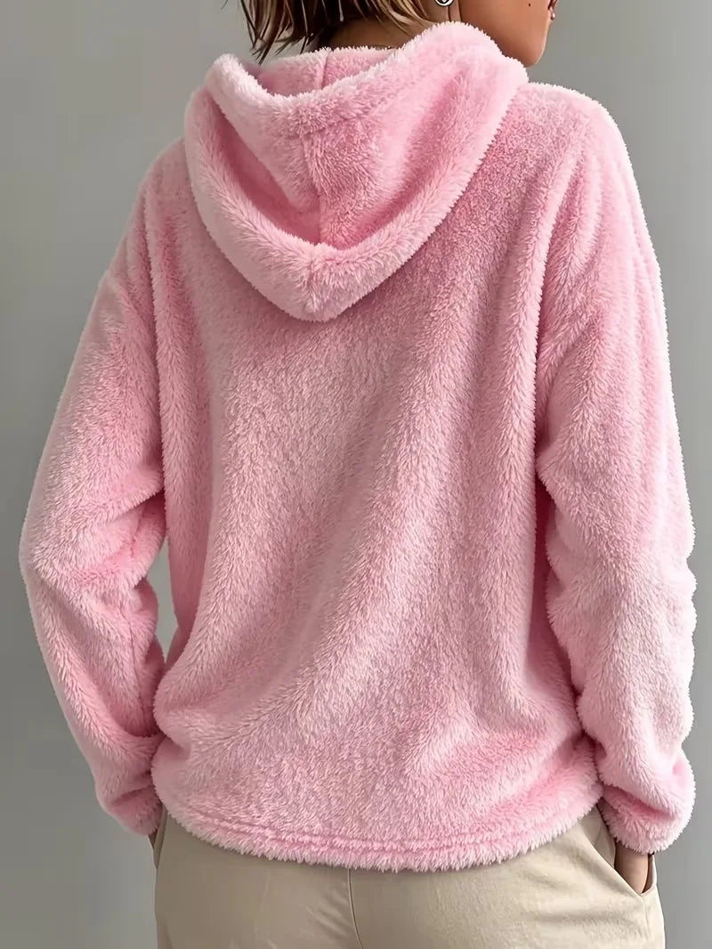 Women's Fuzzy Fleece Hoodie | V-Notch Neckline Dropped Shoulders Relaxed Fit Winter Sweatshirt
