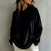 Women's Fuzzy Fleece Hoodie | V-Notch Neckline Dropped Shoulders Relaxed Fit Winter Sweatshirt