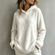 Women's Fuzzy Fleece Hoodie | V-Notch Neckline Dropped Shoulders Relaxed Fit Winter Sweatshirt