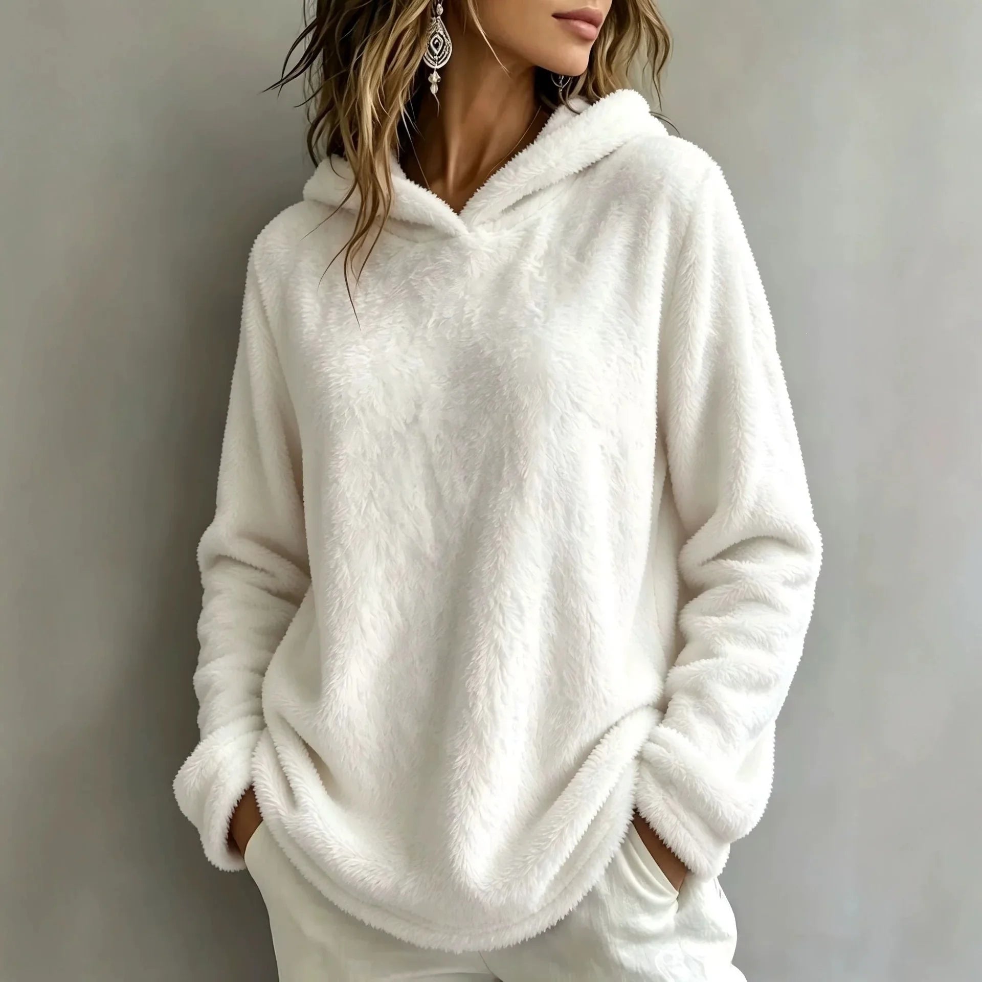 Women's Fuzzy Fleece Hoodie | V-Notch Neckline Dropped Shoulders Relaxed Fit Winter Sweatshirt