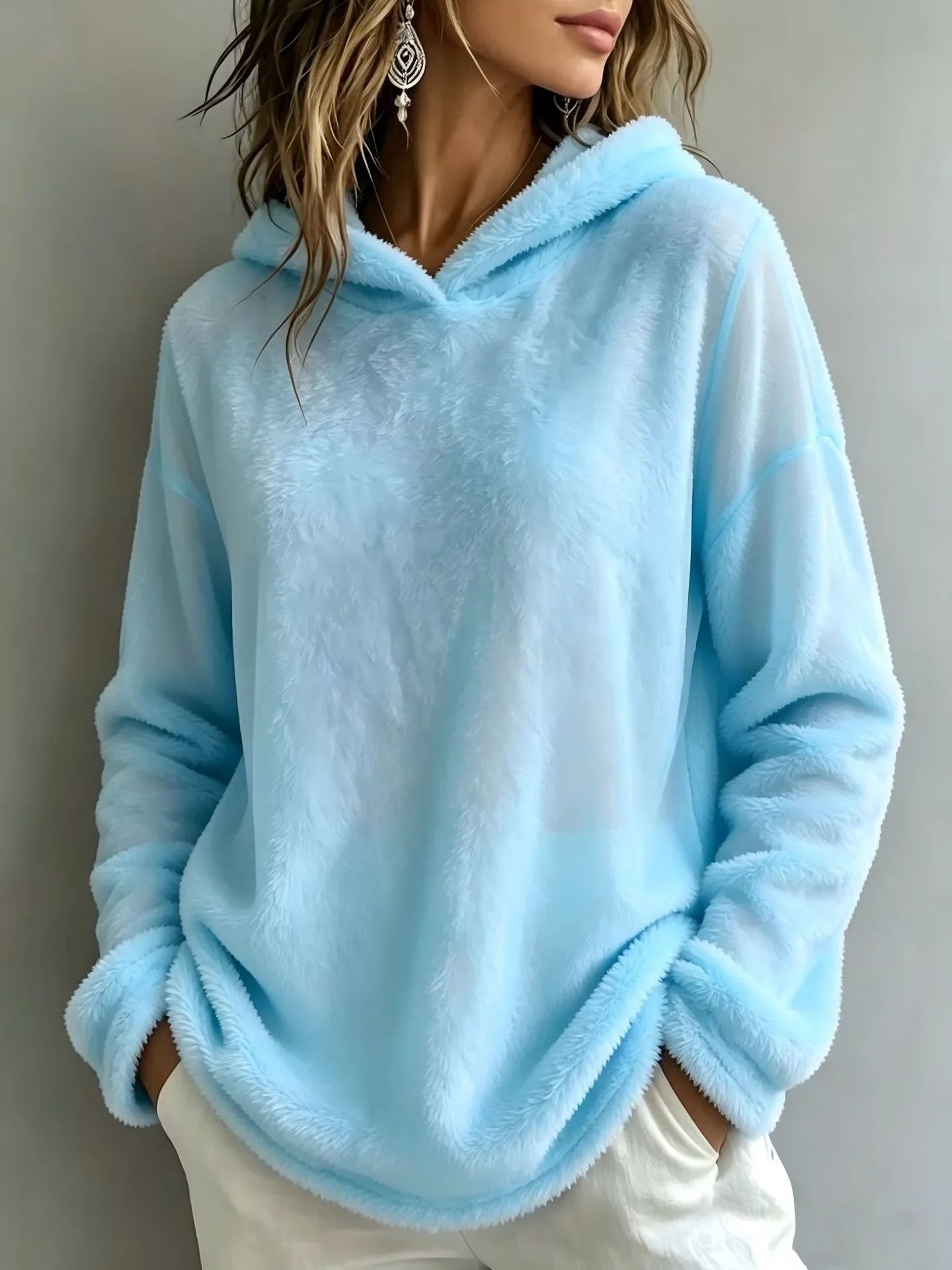 Women's Fuzzy Fleece Hoodie | V-Notch Neckline Dropped Shoulders Relaxed Fit Winter Sweatshirt