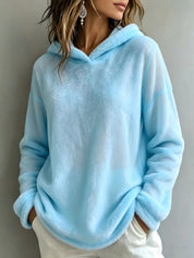 Women's Fuzzy Fleece Hoodie | V-Notch Neckline Dropped Shoulders Relaxed Fit Winter Sweatshirt