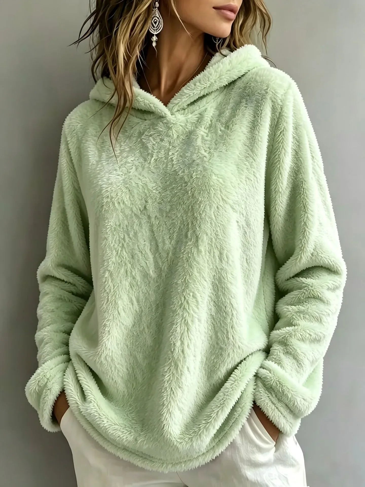 Women's Fuzzy Fleece Hoodie | V-Notch Neckline Dropped Shoulders Relaxed Fit Winter Sweatshirt