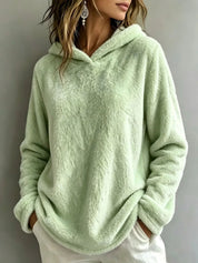 Women's Fuzzy Fleece Hoodie | V-Notch Neckline Dropped Shoulders Relaxed Fit Winter Sweatshirt