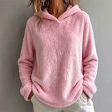 Women's Fuzzy Fleece Hoodie | V-Notch Neckline Dropped Shoulders Relaxed Fit Winter Sweatshirt