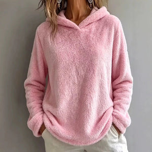 Women's Fuzzy Fleece Hoodie | V-Notch Neckline Dropped Shoulders Relaxed Fit Winter Sweatshirt