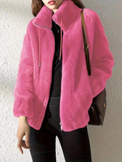Lena Plush Fleece Jacket Women's Stand Collar Full Zip Relaxed Fit Adjustable Drawcord