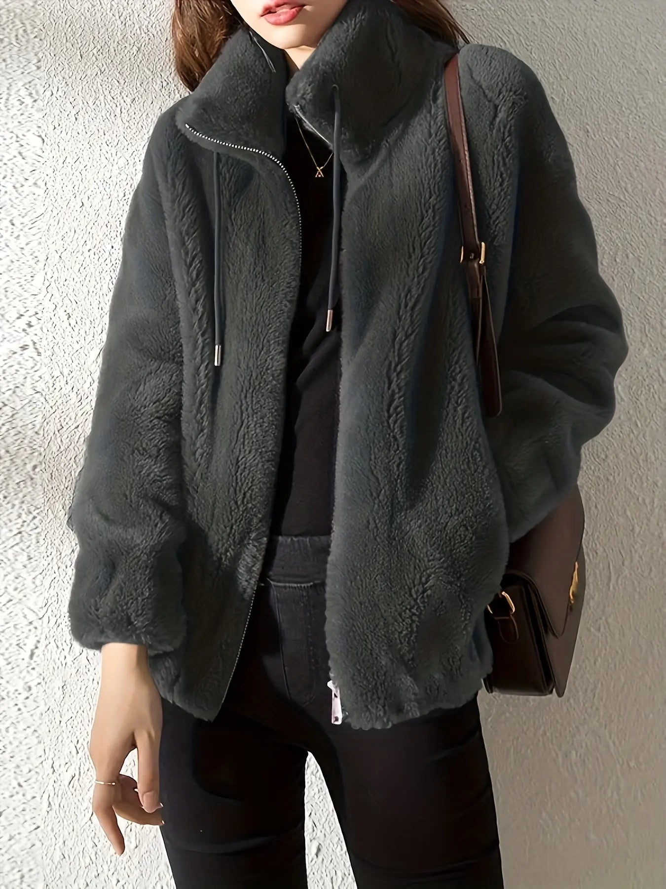 Lena Plush Fleece Jacket Women's Stand Collar Full Zip Relaxed Fit Adjustable Drawcord