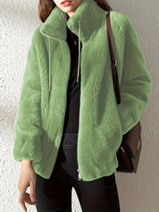 Lena Plush Fleece Jacket Women's Stand Collar Full Zip Relaxed Fit Adjustable Drawcord