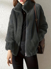 Lena Plush Fleece Jacket Women's Stand Collar Full Zip Relaxed Fit Adjustable Drawcord