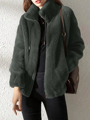 Lena Plush Fleece Jacket Women's Stand Collar Full Zip Relaxed Fit Adjustable Drawcord