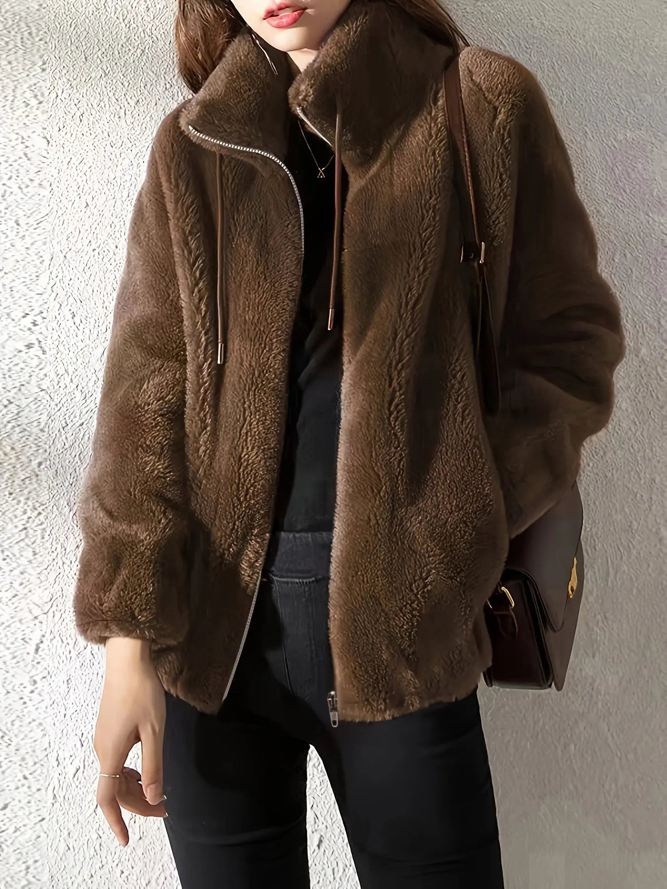 Lena Plush Fleece Jacket Women's Stand Collar Full Zip Relaxed Fit Adjustable Drawcord