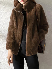 Lena Plush Fleece Jacket Women's Stand Collar Full Zip Relaxed Fit Adjustable Drawcord