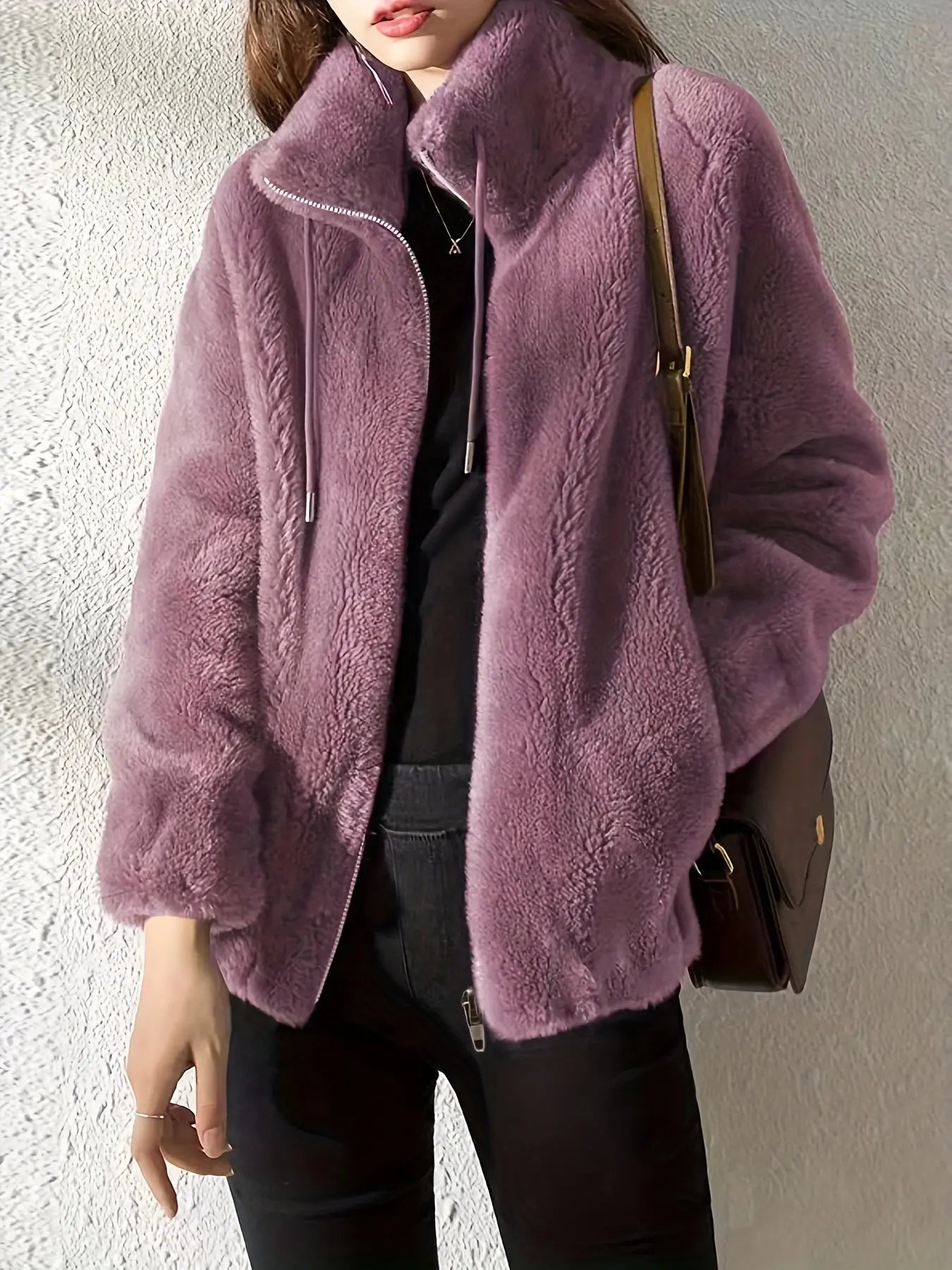 Lena Plush Fleece Jacket Women's Stand Collar Full Zip Relaxed Fit Adjustable Drawcord