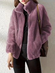 Lena Plush Fleece Jacket Women's Stand Collar Full Zip Relaxed Fit Adjustable Drawcord