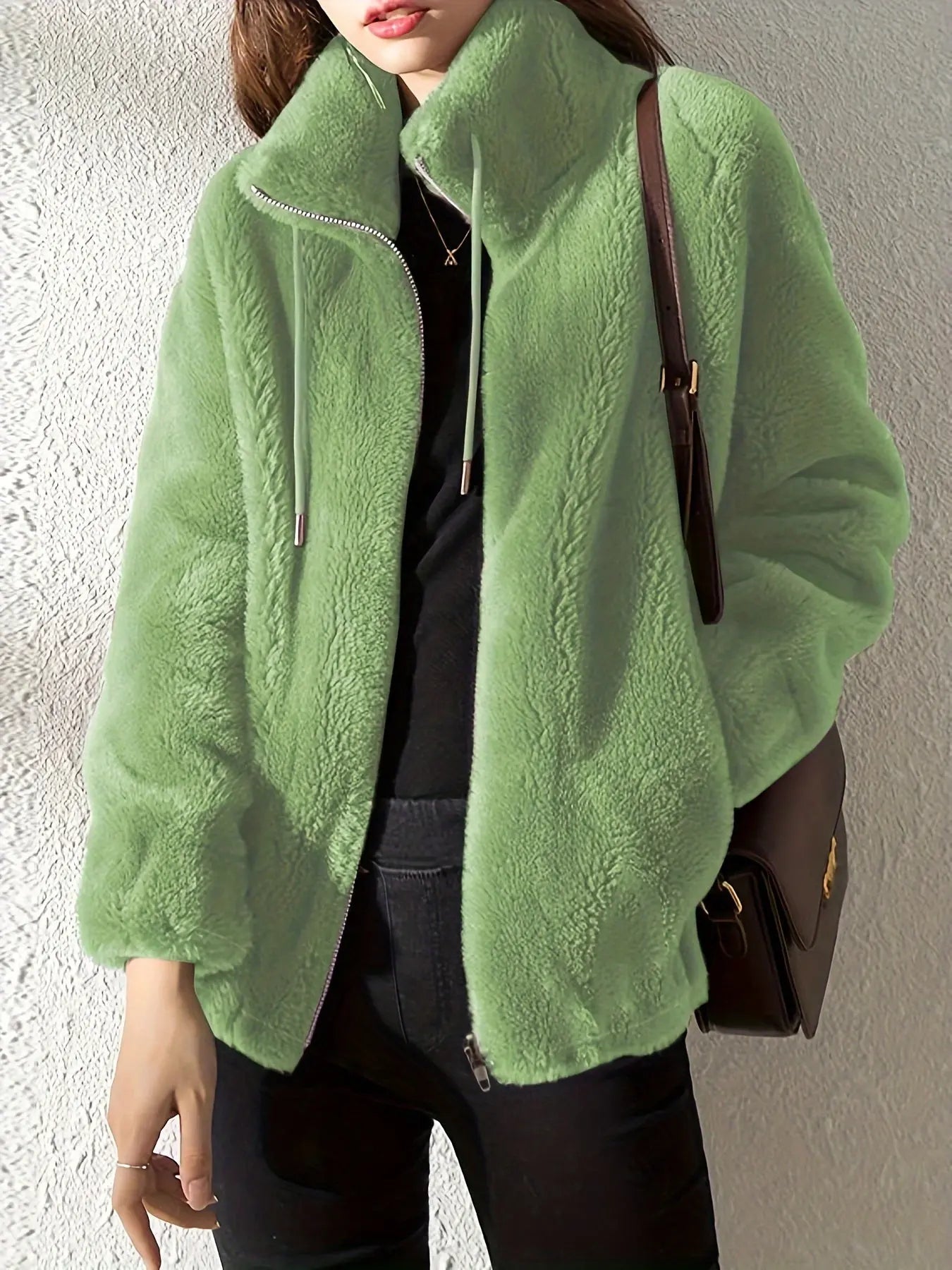 Lena Plush Fleece Jacket Women's Stand Collar Full Zip Relaxed Fit Adjustable Drawcord