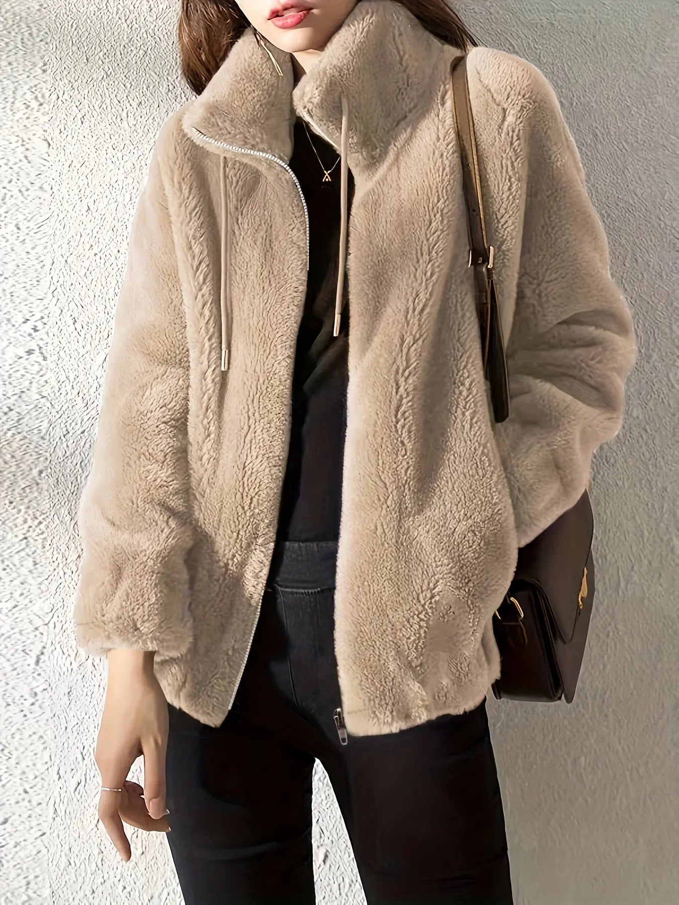 Lena Plush Fleece Jacket Women's Stand Collar Full Zip Relaxed Fit Adjustable Drawcord