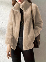 Lena Plush Fleece Jacket Women's Stand Collar Full Zip Relaxed Fit Adjustable Drawcord
