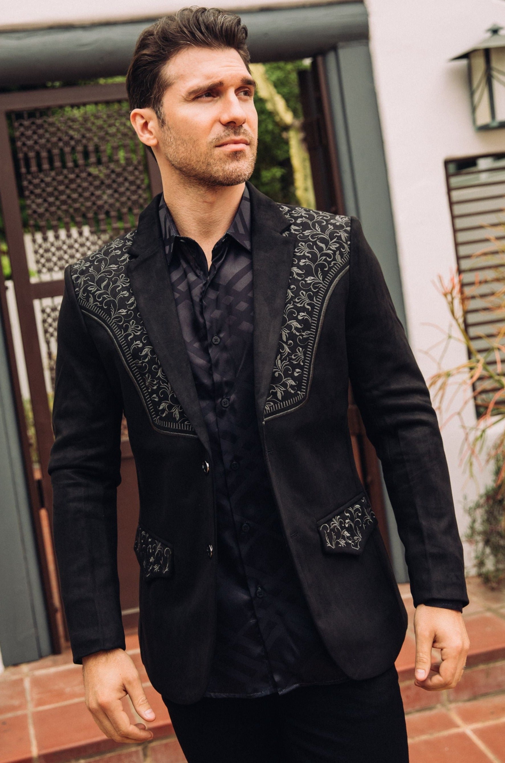 Embroidered Suede Blazer | Men's Blazer | Men Embroidered Faux Suede Black Brown Burgundy