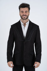 Embroidered Suede Blazer | Men's Blazer | Men Embroidered Faux Suede Black Brown Burgundy