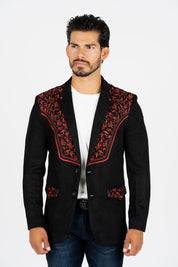 Embroidered Suede Blazer | Men's Blazer | Men Embroidered Faux Suede Black Brown Burgundy