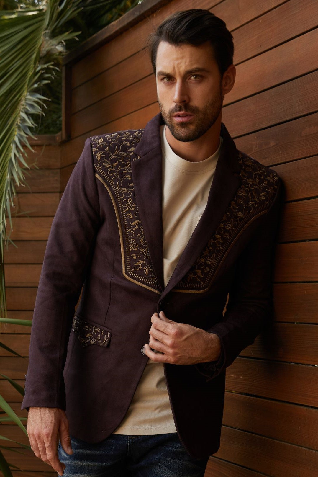 Embroidered Suede Blazer | Men's Blazer | Men Embroidered Faux Suede Black Brown Burgundy