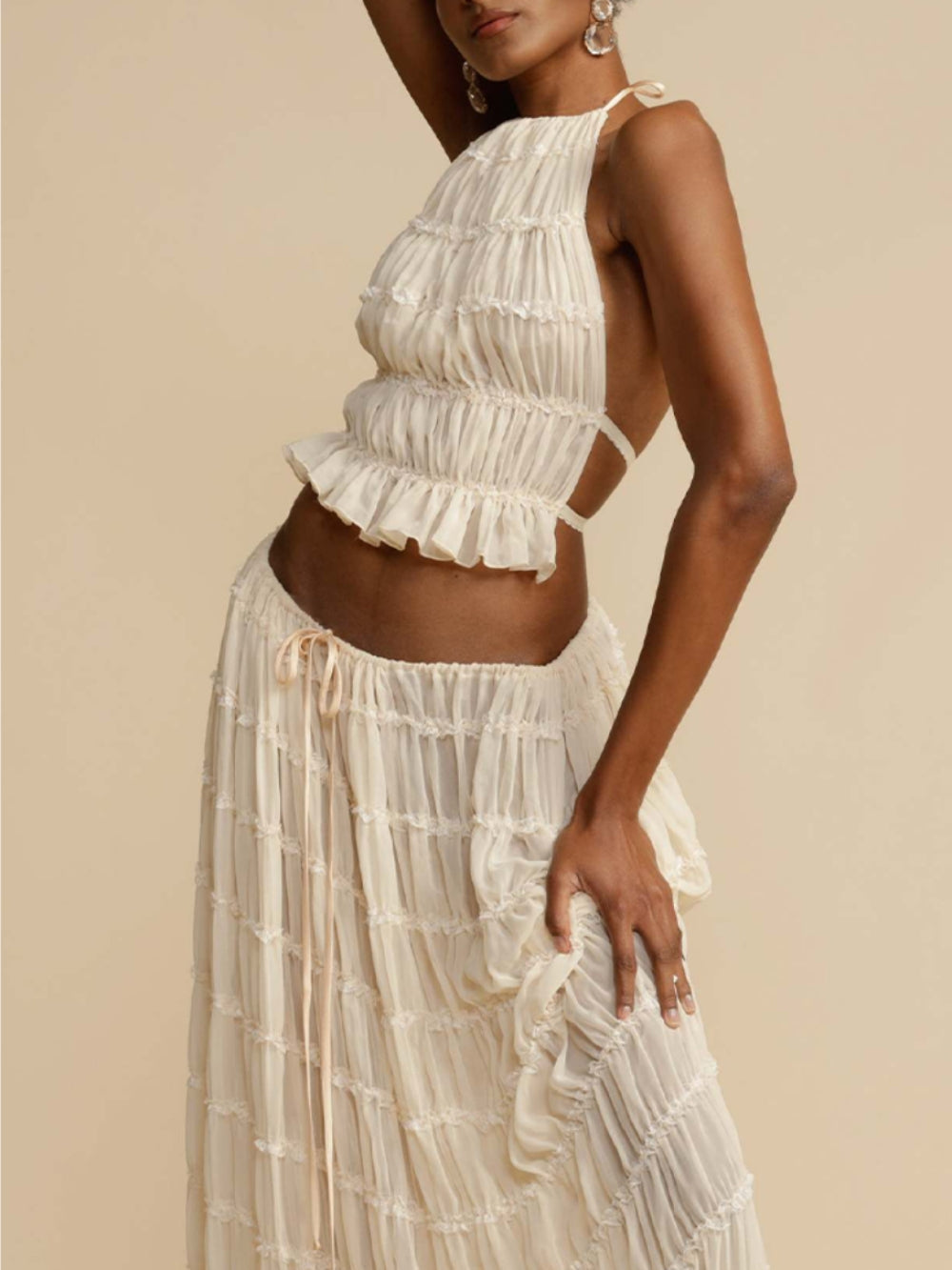 Pleated Drawstring Charm Waist Tiered Maxi Skirt | Women's Tiered Maxi Skirt | Boho Flowing Long Skirt UK