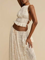 Pleated Drawstring Charm Waist Tiered Maxi Skirt | Women's Tiered Maxi Skirt | Boho Flowing Long Skirt UK