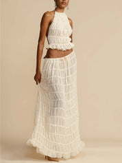 Pleated Drawstring Charm Waist Tiered Maxi Skirt | Women's Tiered Maxi Skirt | Boho Flowing Long Skirt UK