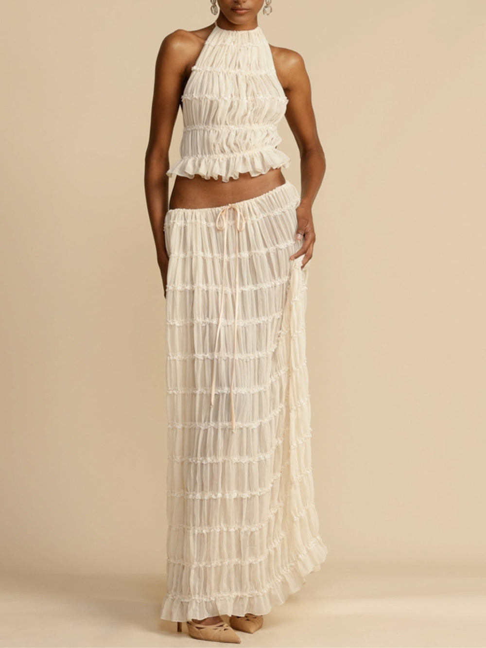 Pleated Drawstring Charm Waist Tiered Maxi Skirt | Women's Tiered Maxi Skirt | Boho Flowing Long Skirt UK