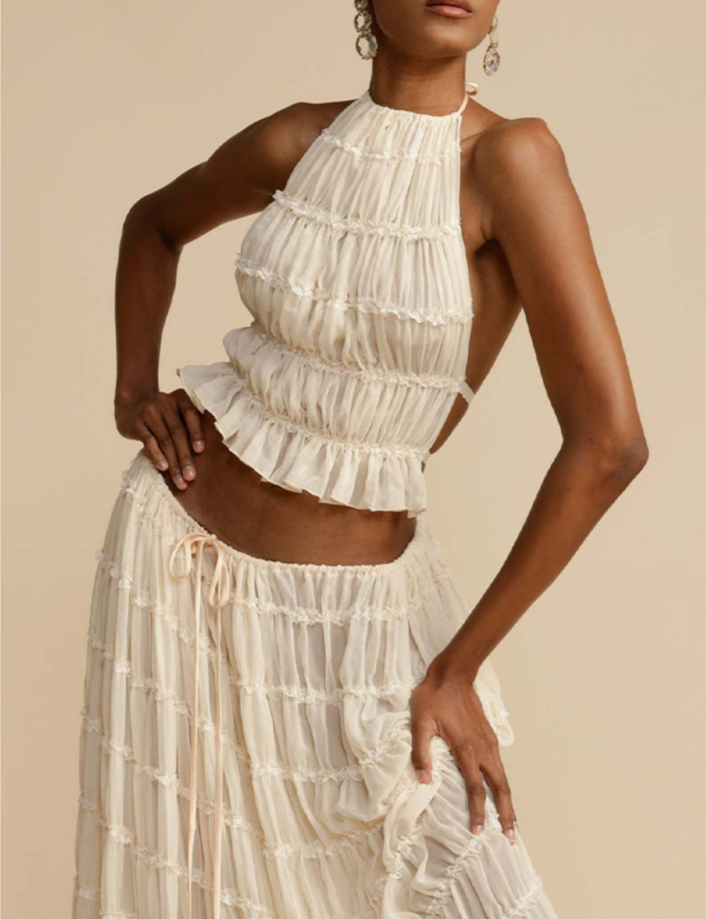 Pleated Drawstring Charm Waist Tiered Maxi Skirt | Women's Tiered Maxi Skirt | Boho Flowing Long Skirt UK