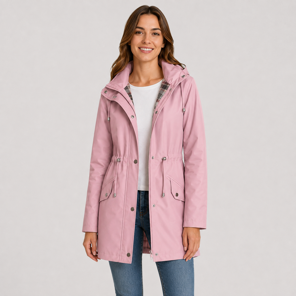 Plus Size Hooded Jacket | Women's Lightweight Cinched Waist Coat | Women's Pink Red Black Dark Grey Blue Navy