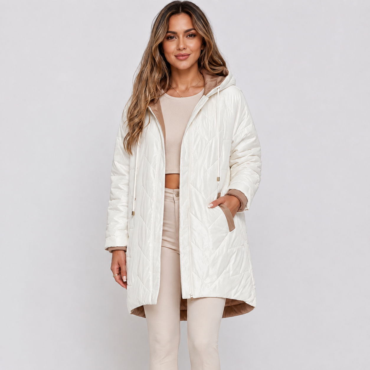 Women's Midi Puffer Coat – Warm Hooded Winter Jacket with Pockets | Brown White Black | S–2XL