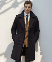 Men's Wool Trench Coat Double-Breasted Belted Mid-Length Overcoat Smart Casual