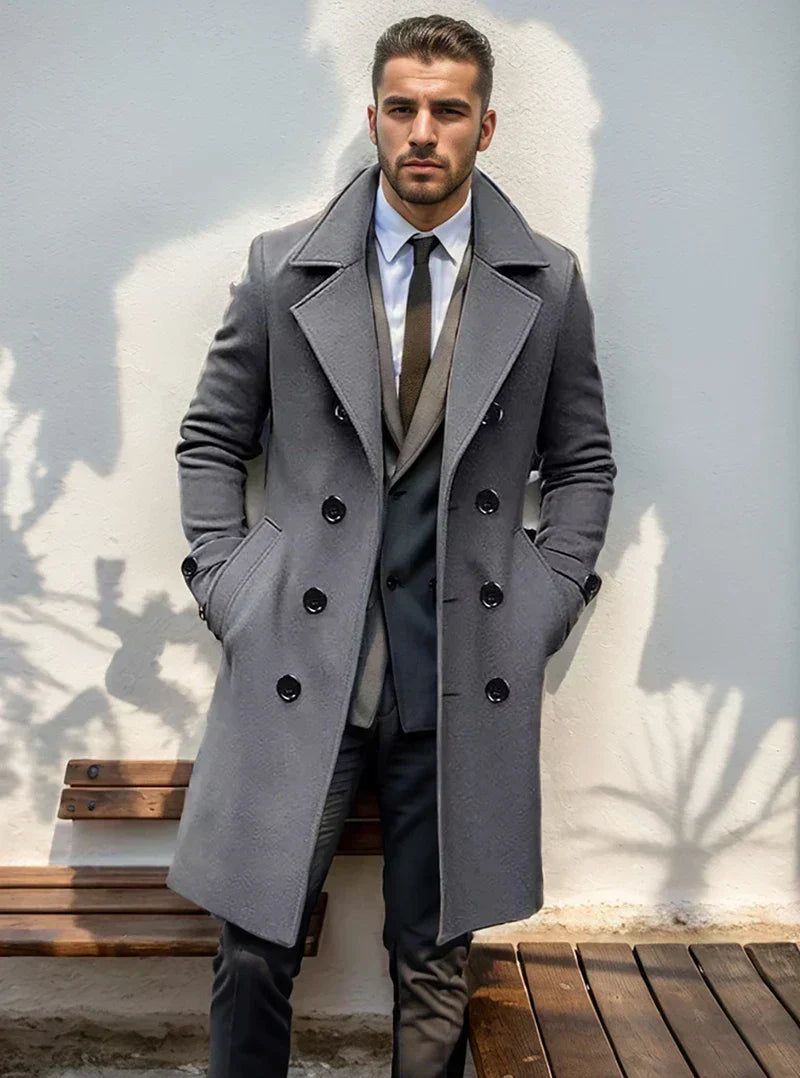 Men's Wool Trench Coat Double-Breasted Belted Mid-Length Overcoat Smart Casual