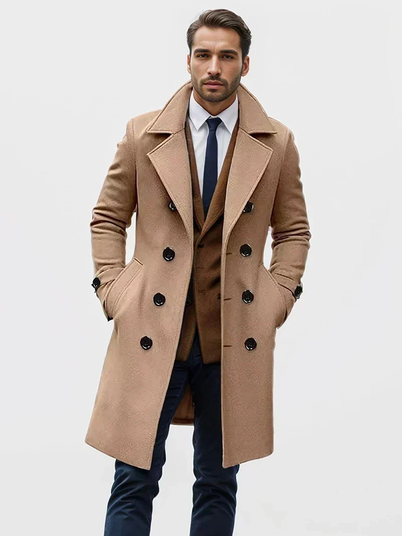 Men's Wool Trench Coat Double-Breasted Belted Mid-Length Overcoat Smart Casual