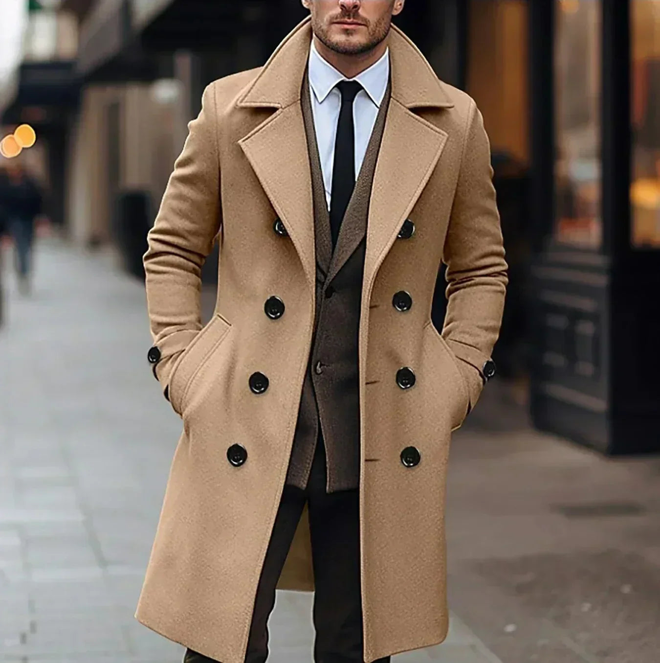 Men's Wool Trench Coat Double-Breasted Belted Mid-Length Overcoat Smart Casual