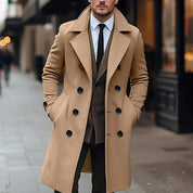 Men's Wool Trench Coat Double-Breasted Belted Mid-Length Overcoat Smart Casual