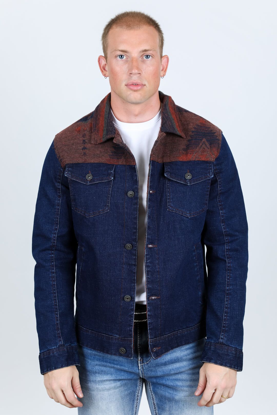 Aztec Denim Jacket | Men's Ethnic Pattern Denim Coat | Indigo Dark Indigo