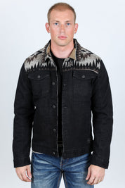 Aztec Denim Jacket | Men's Ethnic Pattern Denim Coat | Indigo Dark Indigo