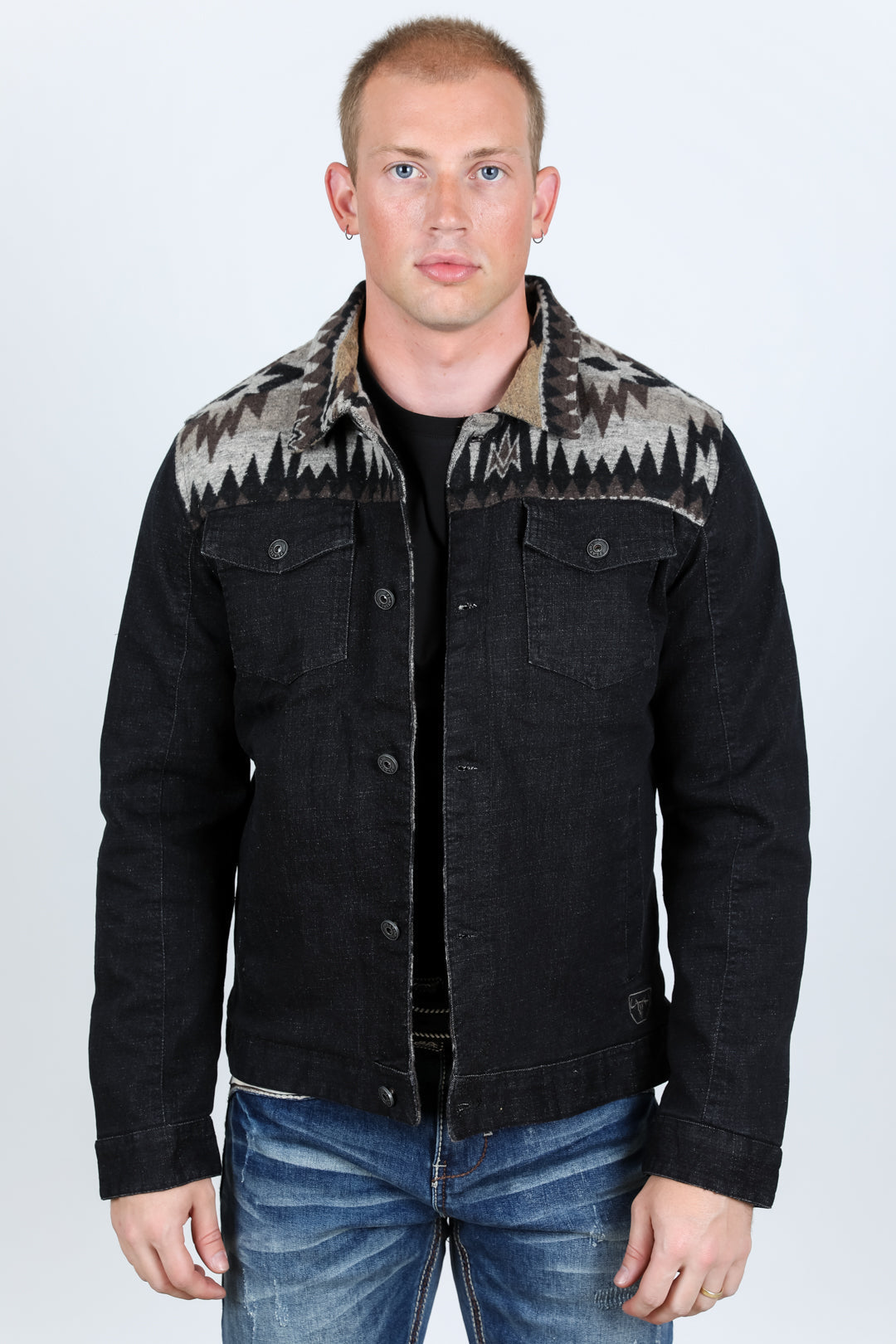 Aztec Denim Jacket | Men's Embroidered Jean Coat | Indigo Dark Indigo
