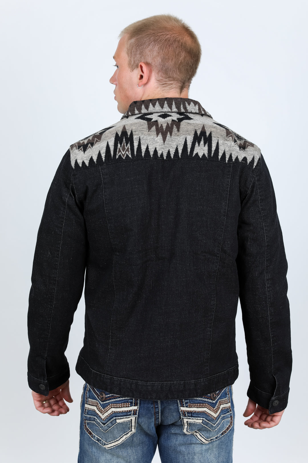 Aztec Denim Jacket | Men's Ethnic Pattern Denim Coat | Indigo Dark Indigo