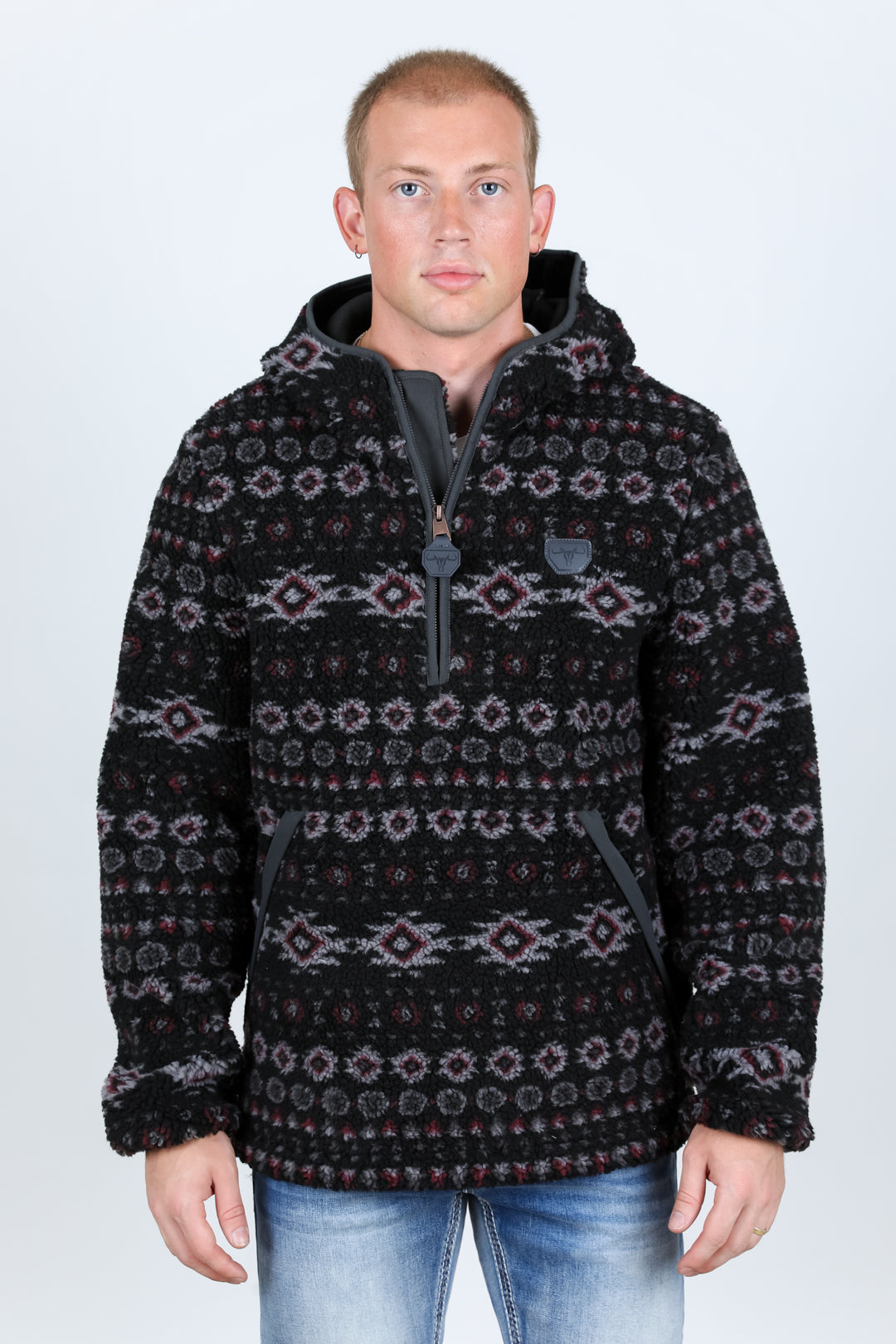 Aztec Sherpa Hooded Pullover | Men's Jumper | Men Aztec Sherpa Hooded Pullover Burgundy Cream Black Navy