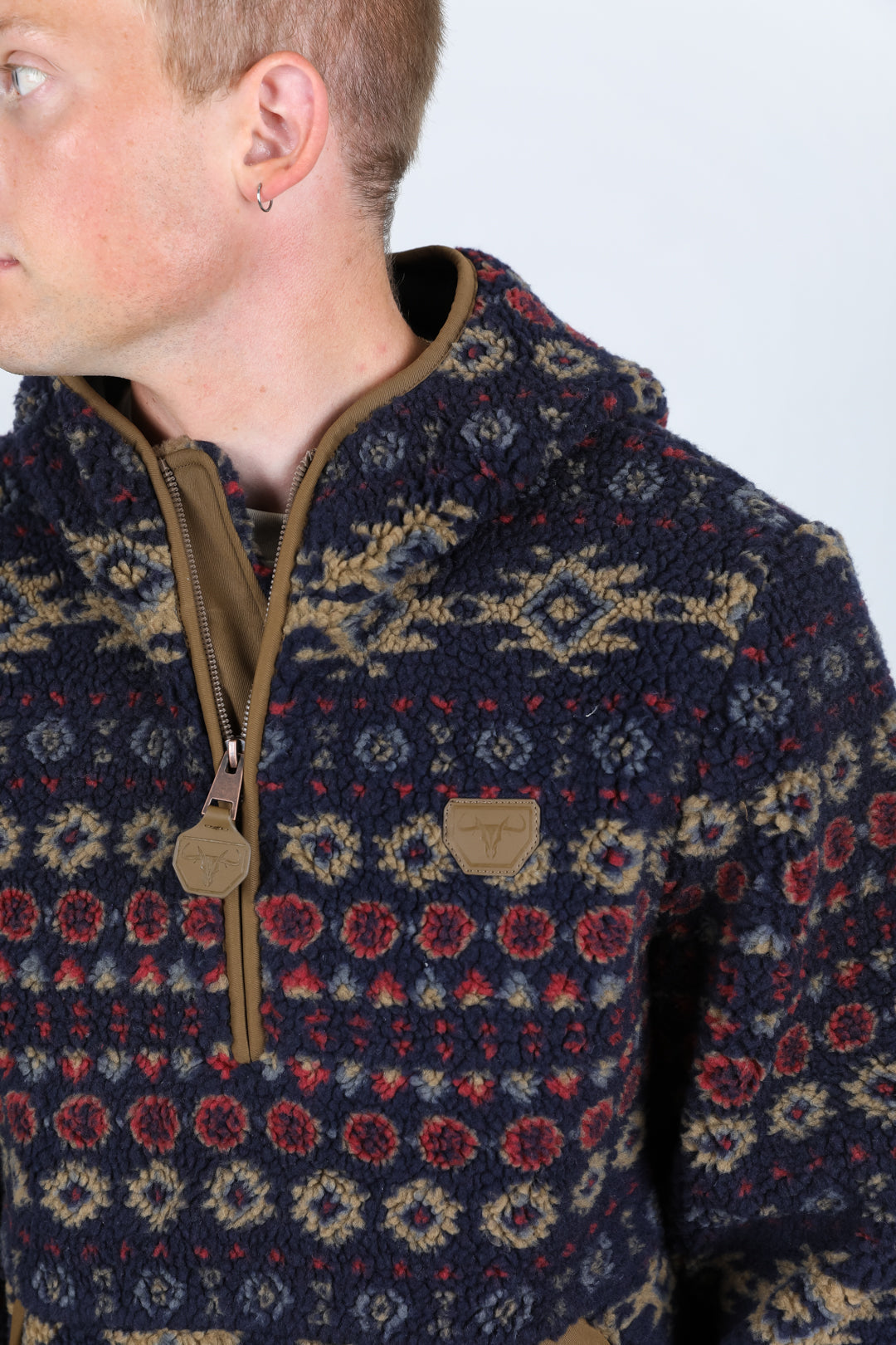 Aztec Sherpa Pullover | Men's Jumper | Men Aztec Sherpa Fleece Burgundy Cream Black Navy