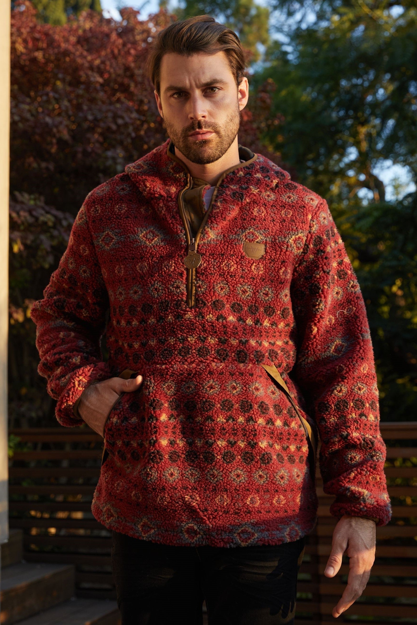 Aztec Sherpa Pullover | Men's Jumper | Men Aztec Sherpa Fleece Burgundy Cream Black Navy