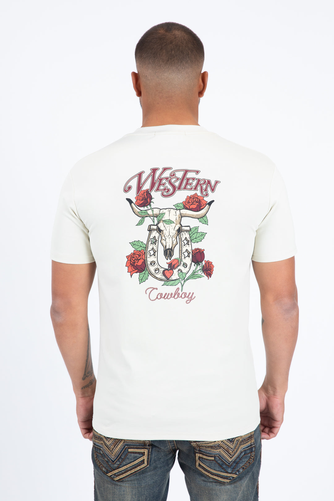 Western Skull Horseshoe Graphic Tee | T-Shirt | Men's Cotton Beige Western Print